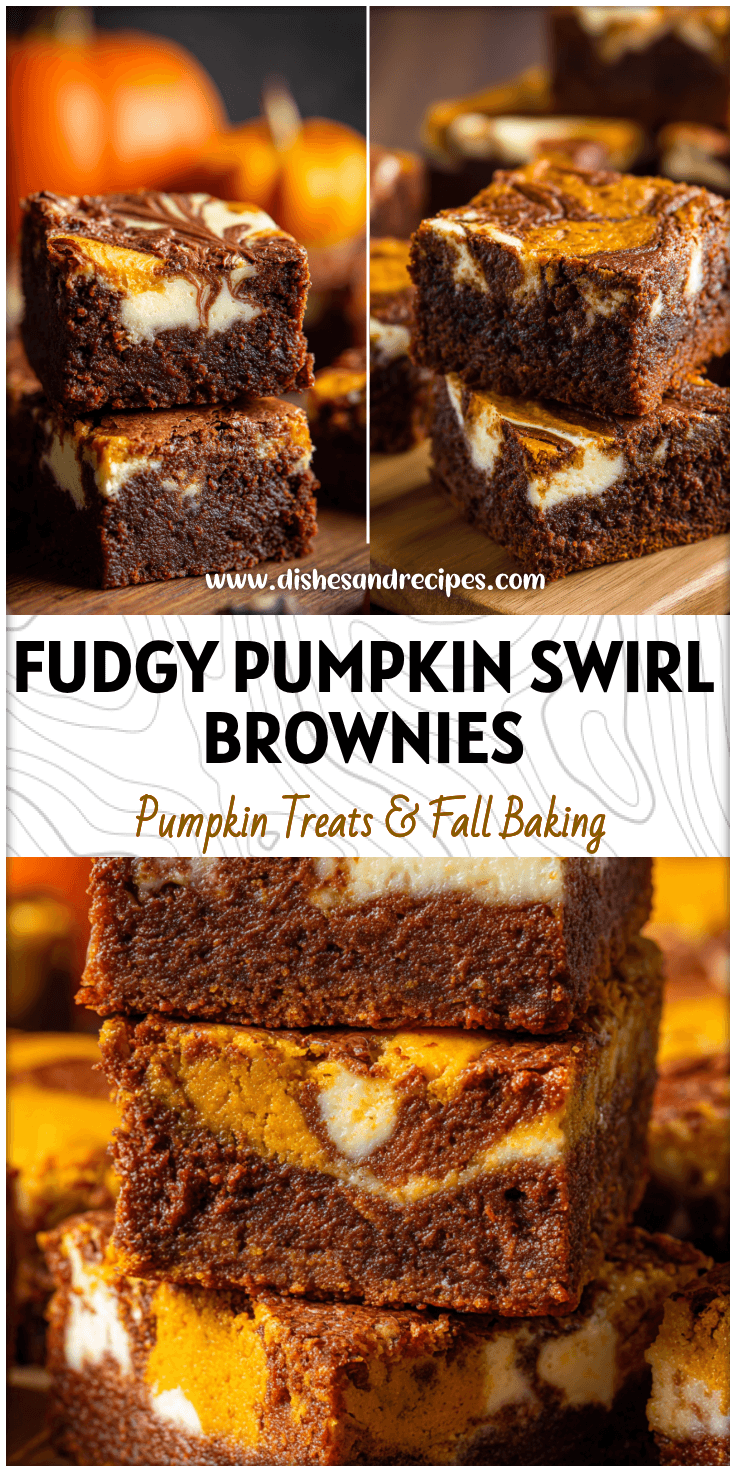 Fudgy pumpkin cream cheese swirl brownies with rich layers of brownie and pumpkin cheesecake filling.